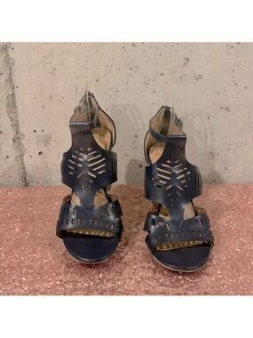 NY&C Navy Blue Block Heeled Cut Out Sandals - Size 8